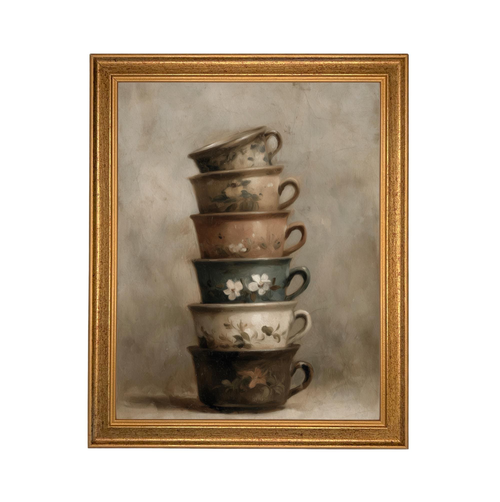 Framed Vintage Kitchen Teacups Pottery Still Life Canvas Print ST-649