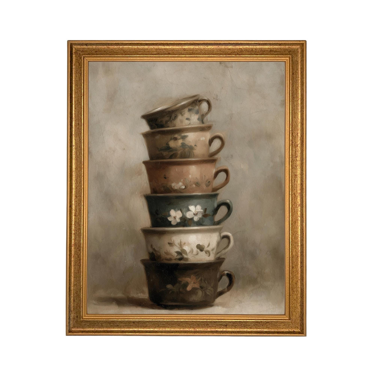 Framed Vintage Kitchen Teacups Pottery Still Life Canvas Print #ST-649