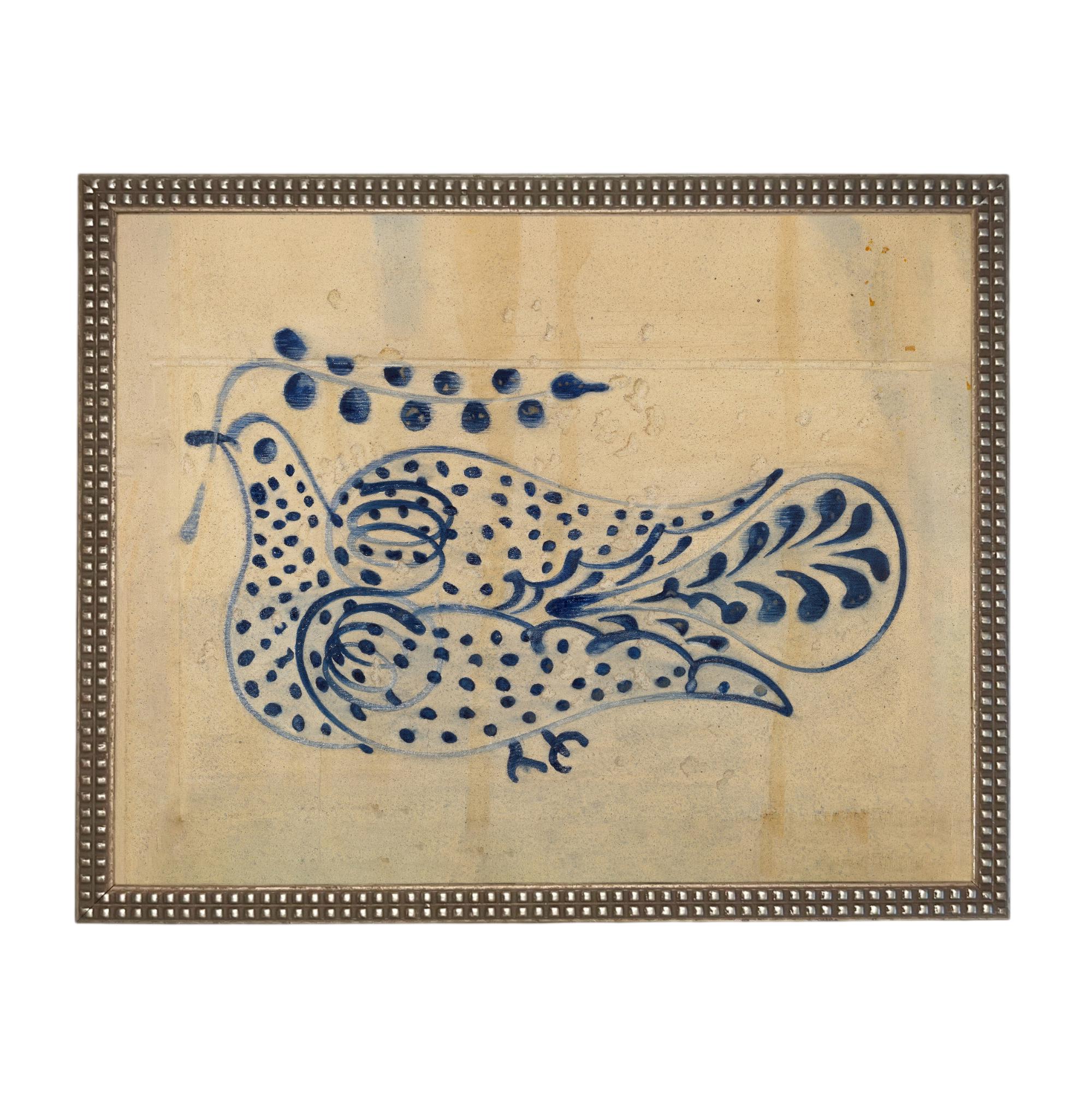 Framed Vintage Blue Floral Folk Bird Canvas Art Print: Vintage Farmhouse Decor #COT-102