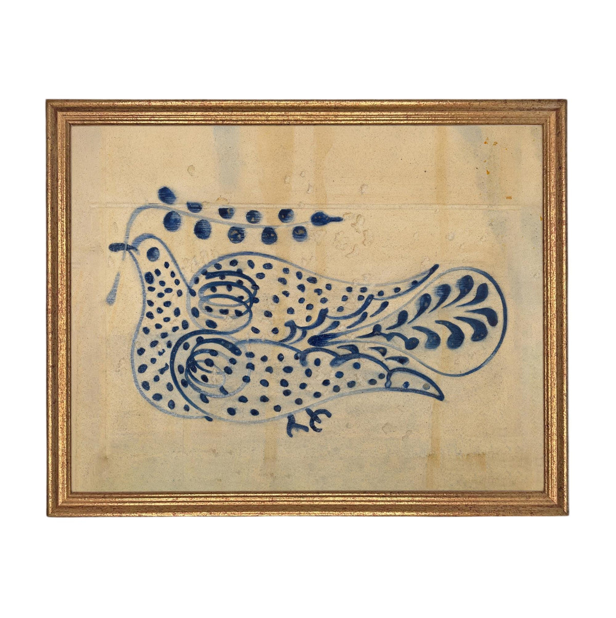 Framed Vintage Blue Floral Folk Bird Canvas Art Print: Vintage Farmhouse Decor #COT-102