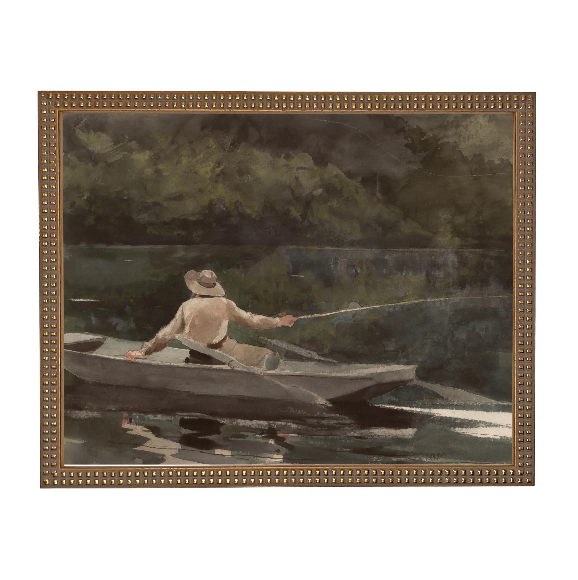 Framed Canvas Fishing Lake Landscape Print: Vintage Cabin Art #CAB-101