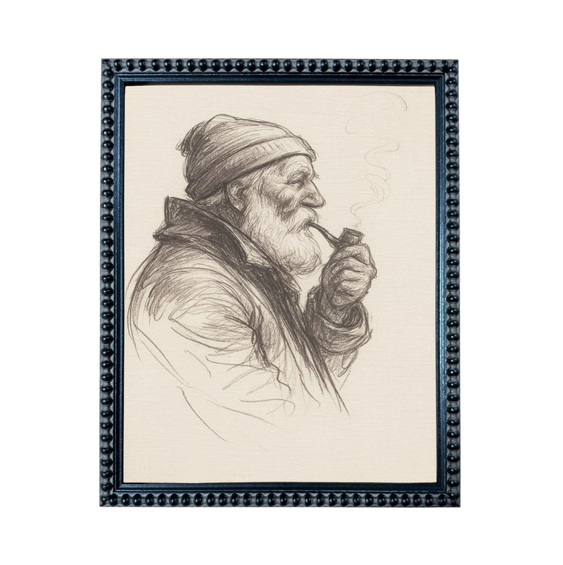 Framed Vintage Fisherman Sketch- Neutral Cabin or Lake Art #CAB-104