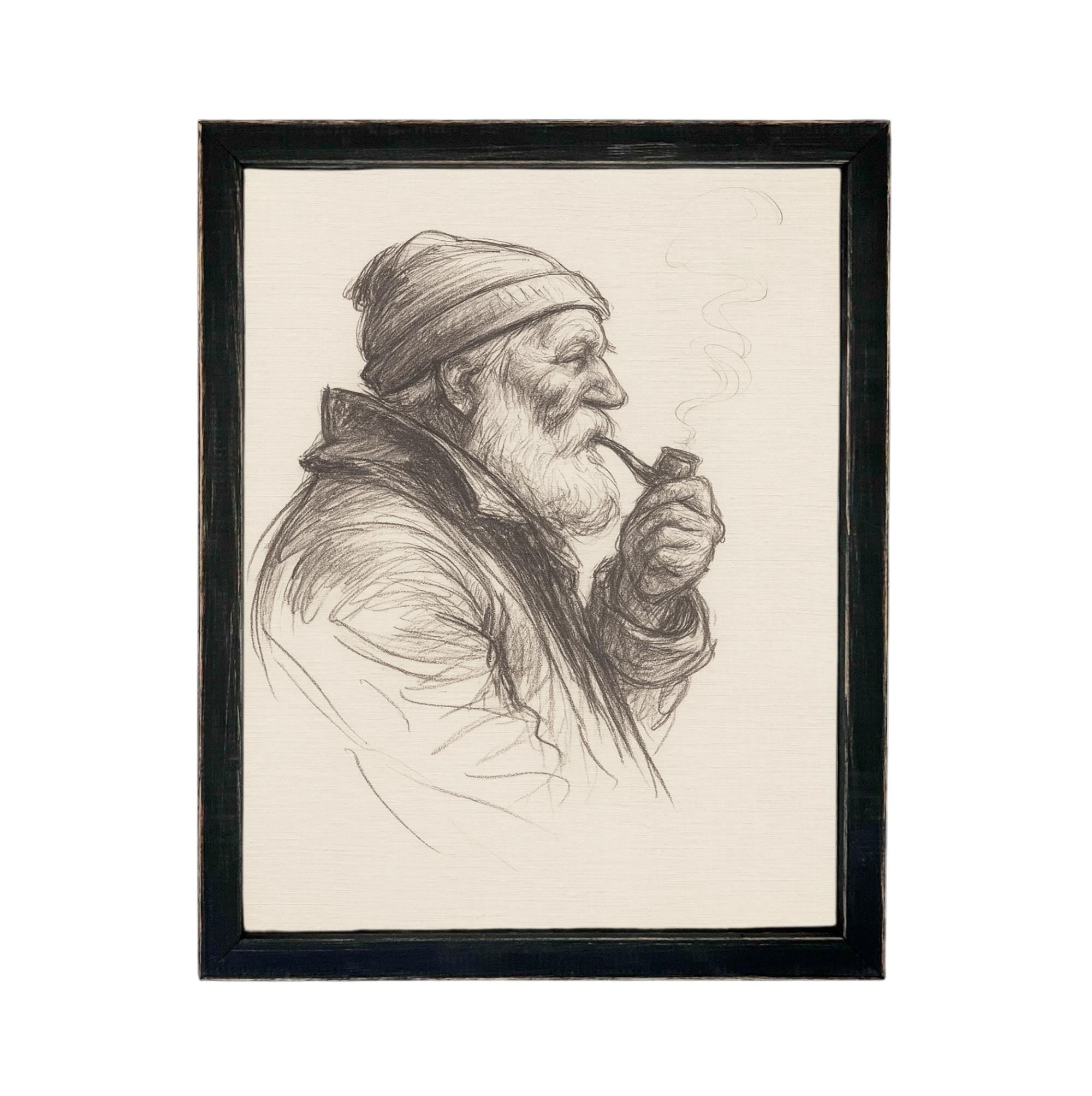 Framed Vintage Fisherman Sketch- Neutral Cabin or Lake Art #CAB-104