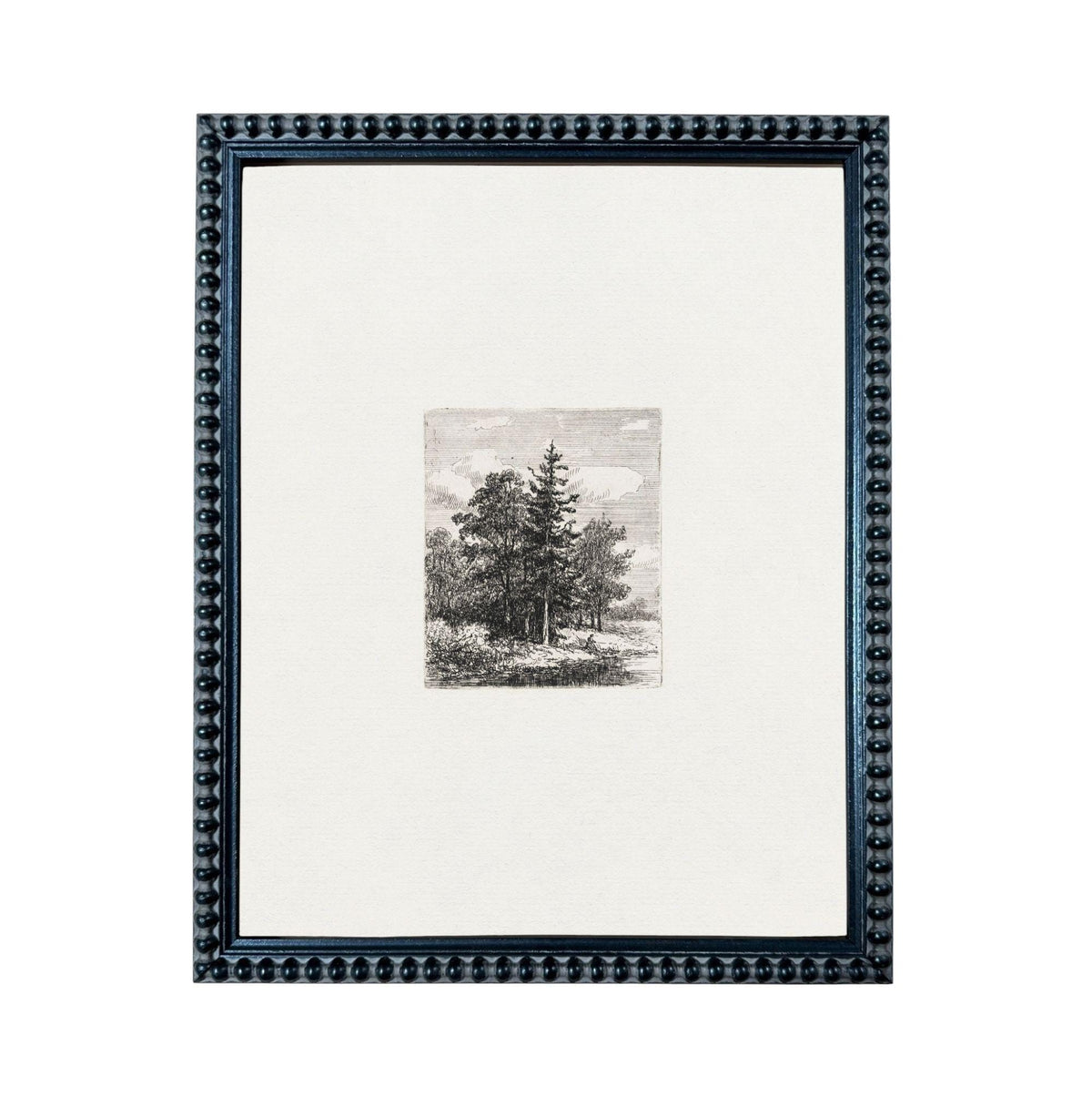 a framed black and white photograph of a tree with a white background.