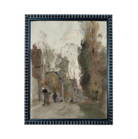 The image is a framed painting depicting a street scene with people walking along the sidewalk and houses in the background.