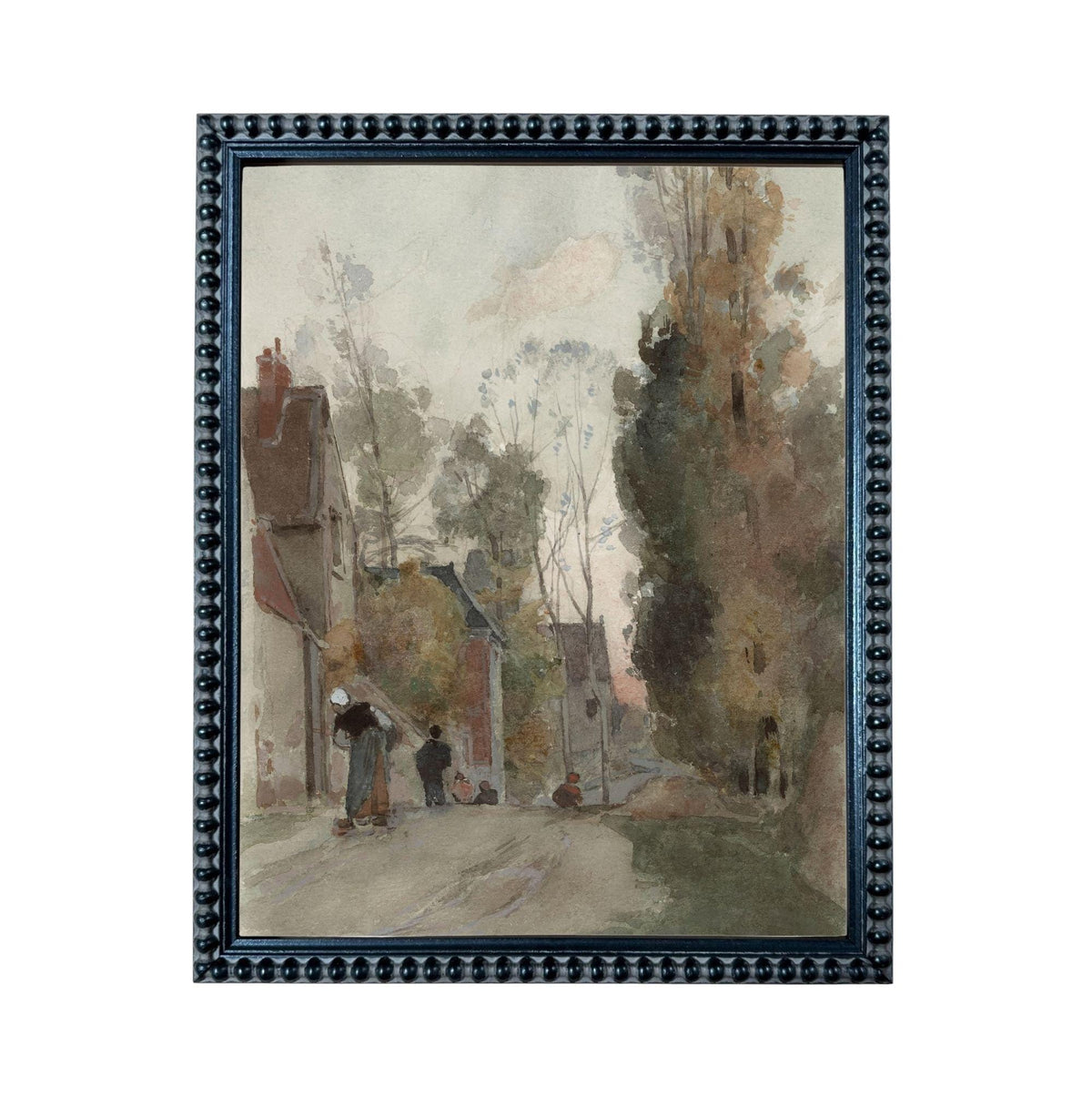 The image is a framed painting depicting a street scene with people walking along the sidewalk and houses in the background.