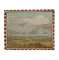 The image is a painting of a landscape with a cloudy sky in the background.