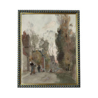 The image is a painting of a street scene with people walking along the sidewalk, framed in a decorative metal frame.