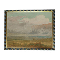 The image is a painting of a landscape with a cloudy sky in the background.