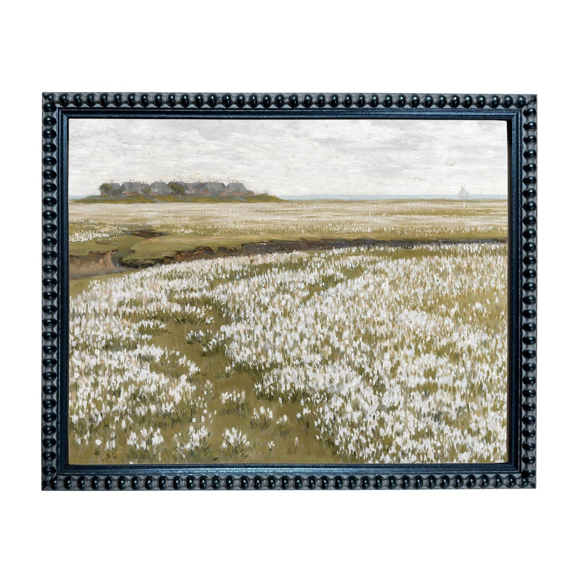 The image is a painting of a field with white flowers, framed in a black frame with a decorative border.