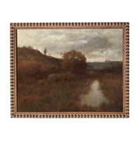 The image is a painting of a landscape with a river or stream running through it, surrounded by trees and hills. The painting is framed and appears to be a representation of a natural scene.