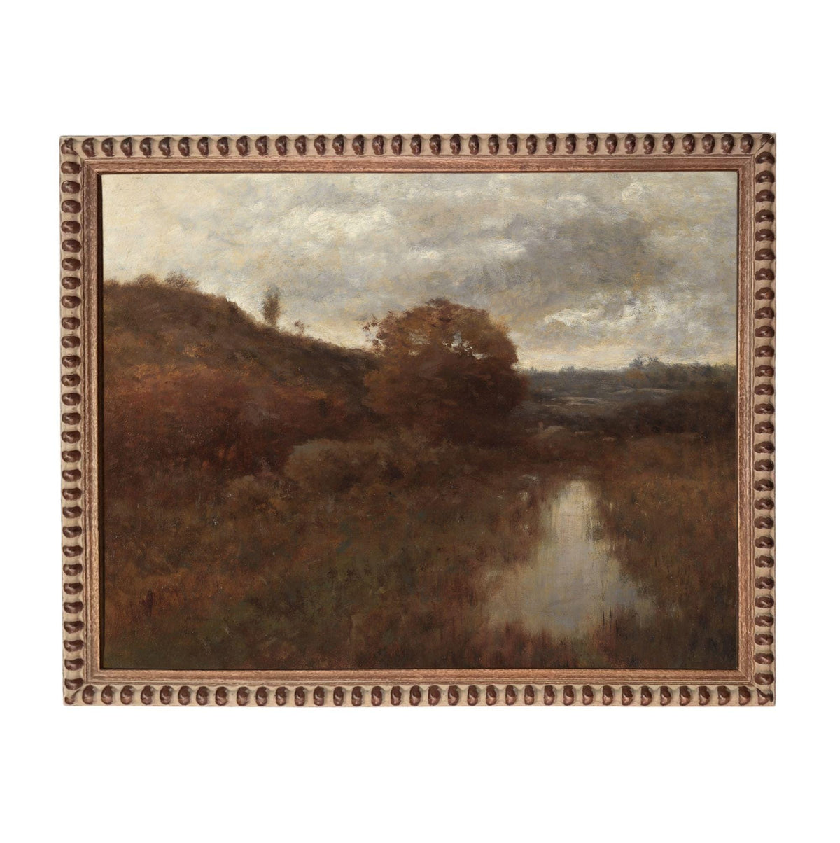 The image is a painting of a landscape with a river or stream running through it, surrounded by trees and hills. The painting is framed and appears to be a representation of a natural scene.