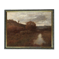The image is a painting of a landscape with a river or stream running through it. The painting features a cloudy sky and a grassy field, creating a serene and peaceful atmosphere.