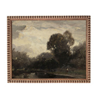 The image is a painting of a landscape with a large tree in the foreground and a body of water in the background. The painting is framed with a decorative border.