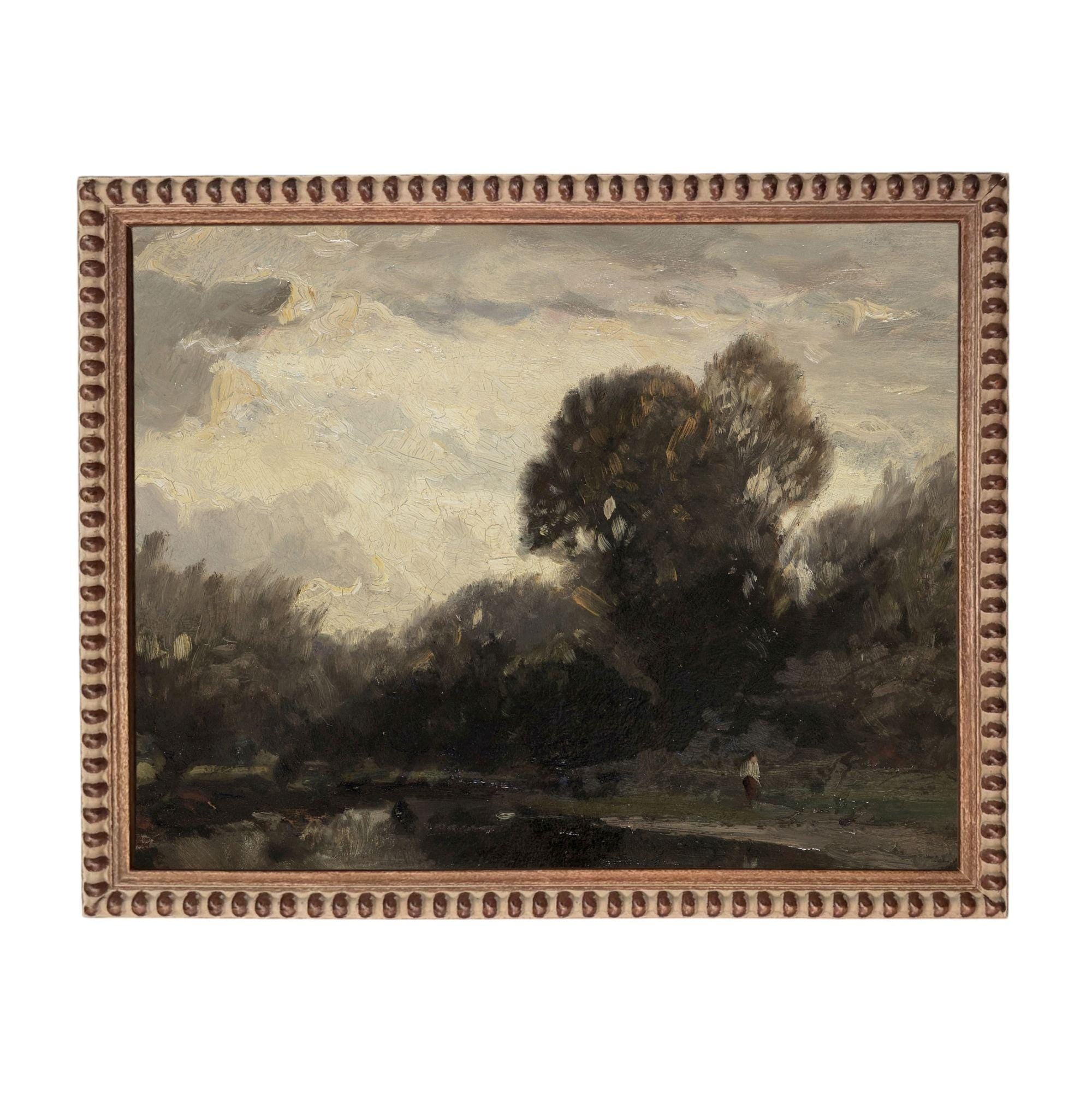The image is a painting of a landscape with a large tree in the foreground and a body of water in the background. The painting is framed with a decorative border.