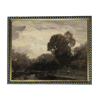 The image is a painting of a landscape with a large tree in the foreground and a cloudy sky in the background.