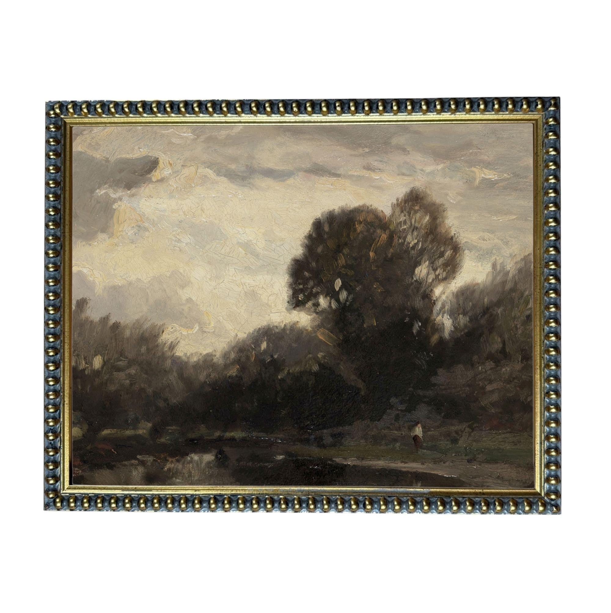 The image is a painting of a landscape with a large tree in the foreground and a cloudy sky in the background.