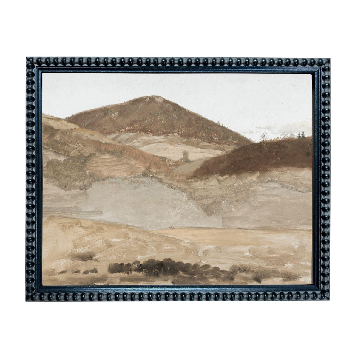 The image is a framed painting depicting a mountainous landscape with a hazy, overcast sky.