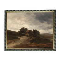 The image is a painting of a rural landscape with a dirt road leading to a house surrounded by trees.