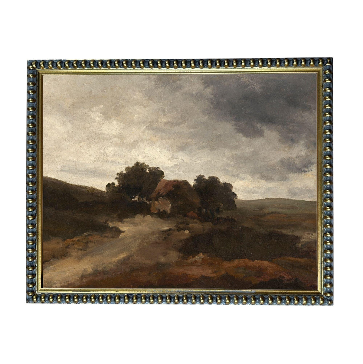 The image is a painting of a rural landscape with a dirt road leading to a house surrounded by trees.
