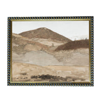The image is a painting of a mountainous landscape with a brown, rocky terrain and a hazy, overcast sky.