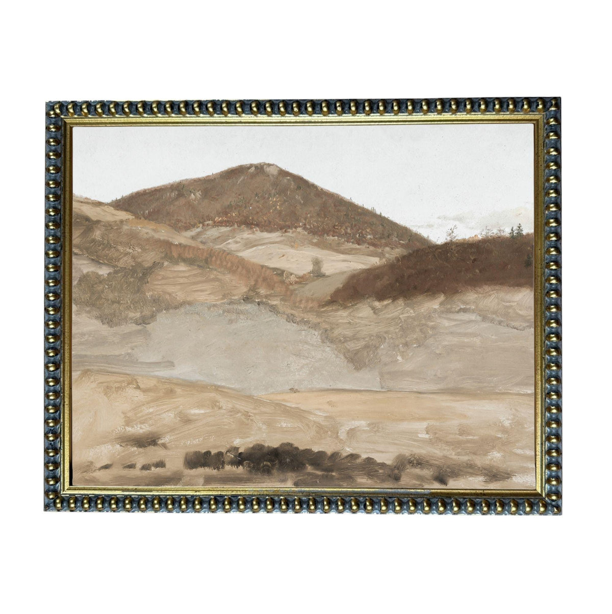 The image is a painting of a mountainous landscape with a brown, rocky terrain and a hazy, overcast sky.