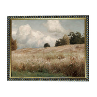The image is a painting of a field with tall grass and trees in the background, framed in a decorative gold frame.
