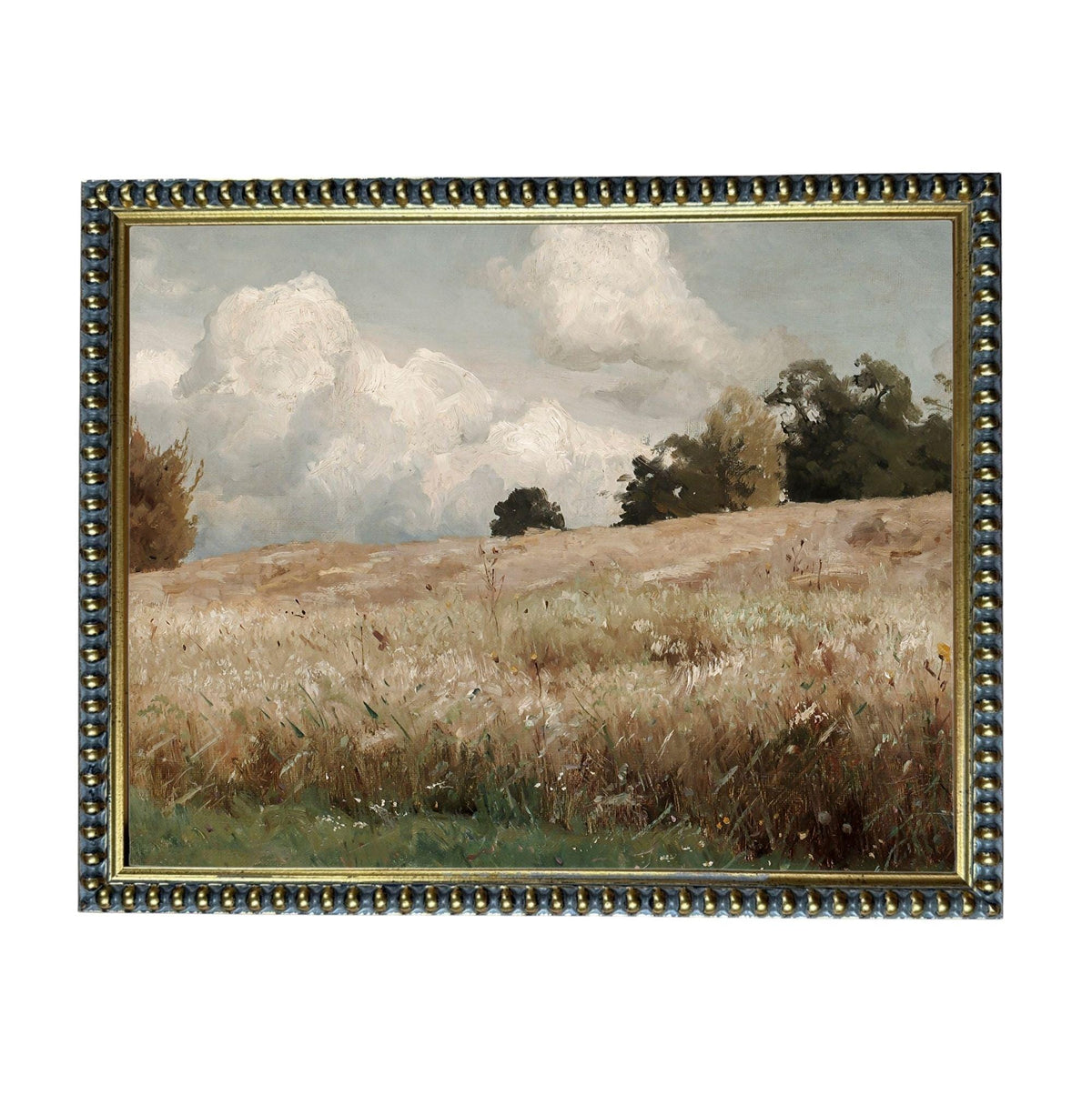 The image is a painting of a field with tall grass and trees in the background, framed in a decorative gold frame.