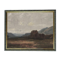 The image is a painting of a landscape with mountains in the background and a large tree in the foreground.
