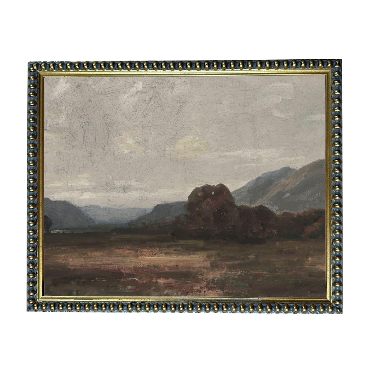 The image is a painting of a landscape with mountains in the background and a large tree in the foreground.