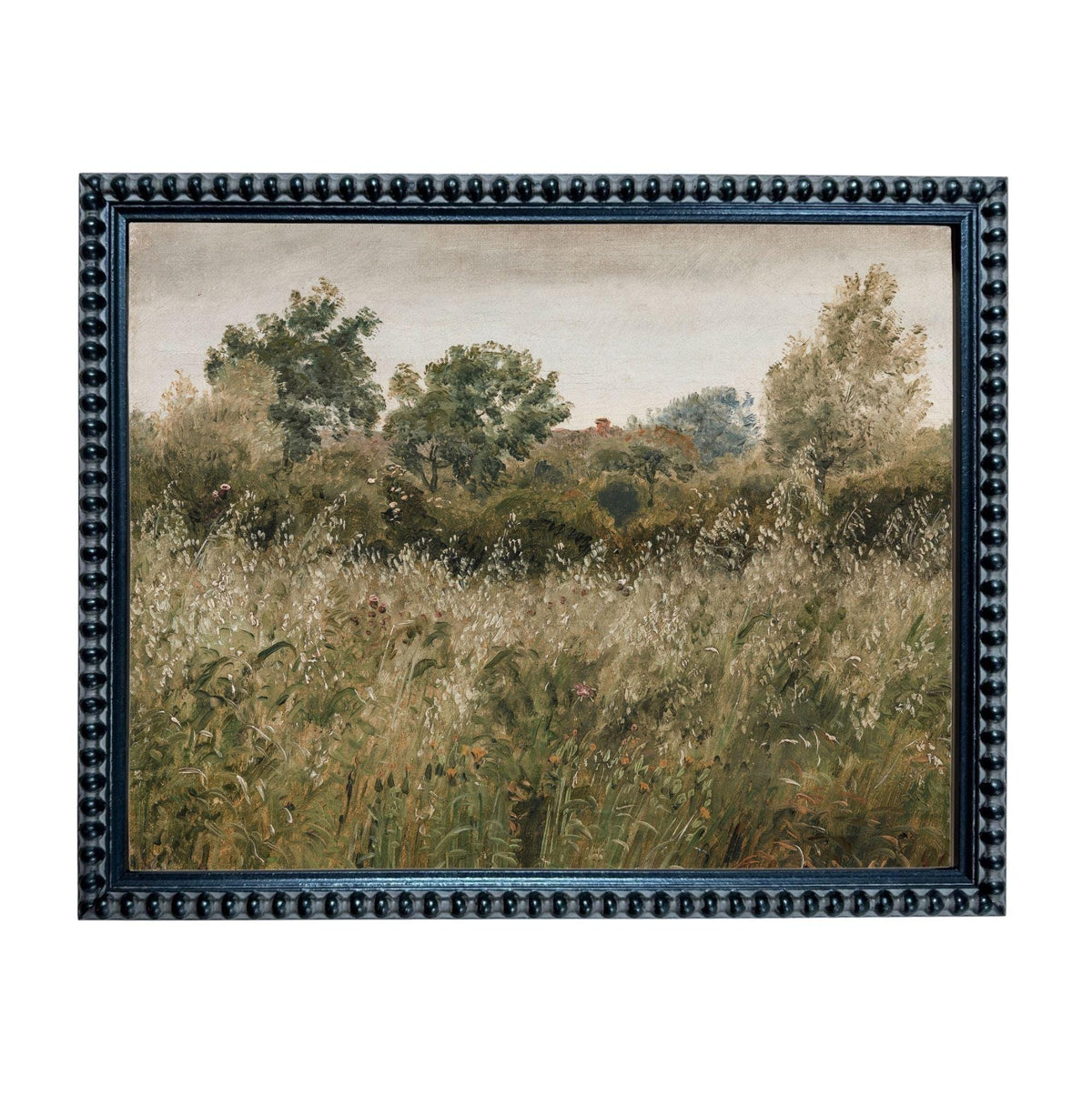 The image is a framed painting depicting a serene landscape with a field of tall grass and trees in the background.