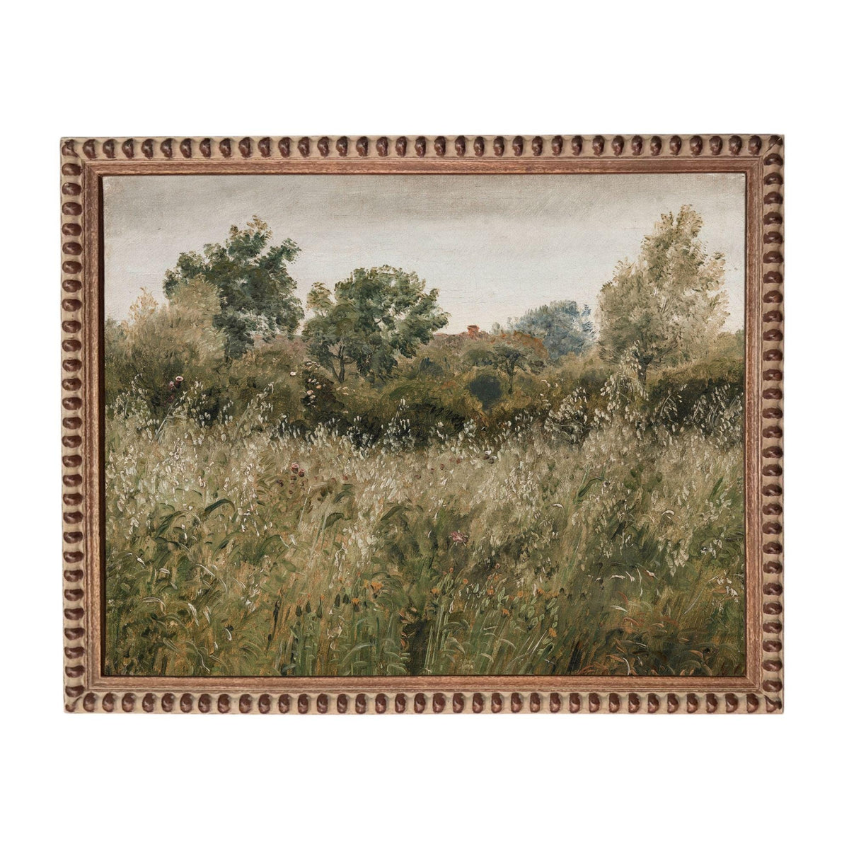 The image is a painting of a field with tall grass and trees in the background.