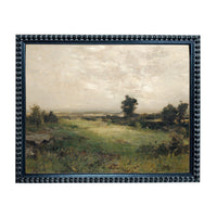 The image is a framed landscape painting depicting a serene countryside scene with rolling hills, trees, and a cloudy sky.