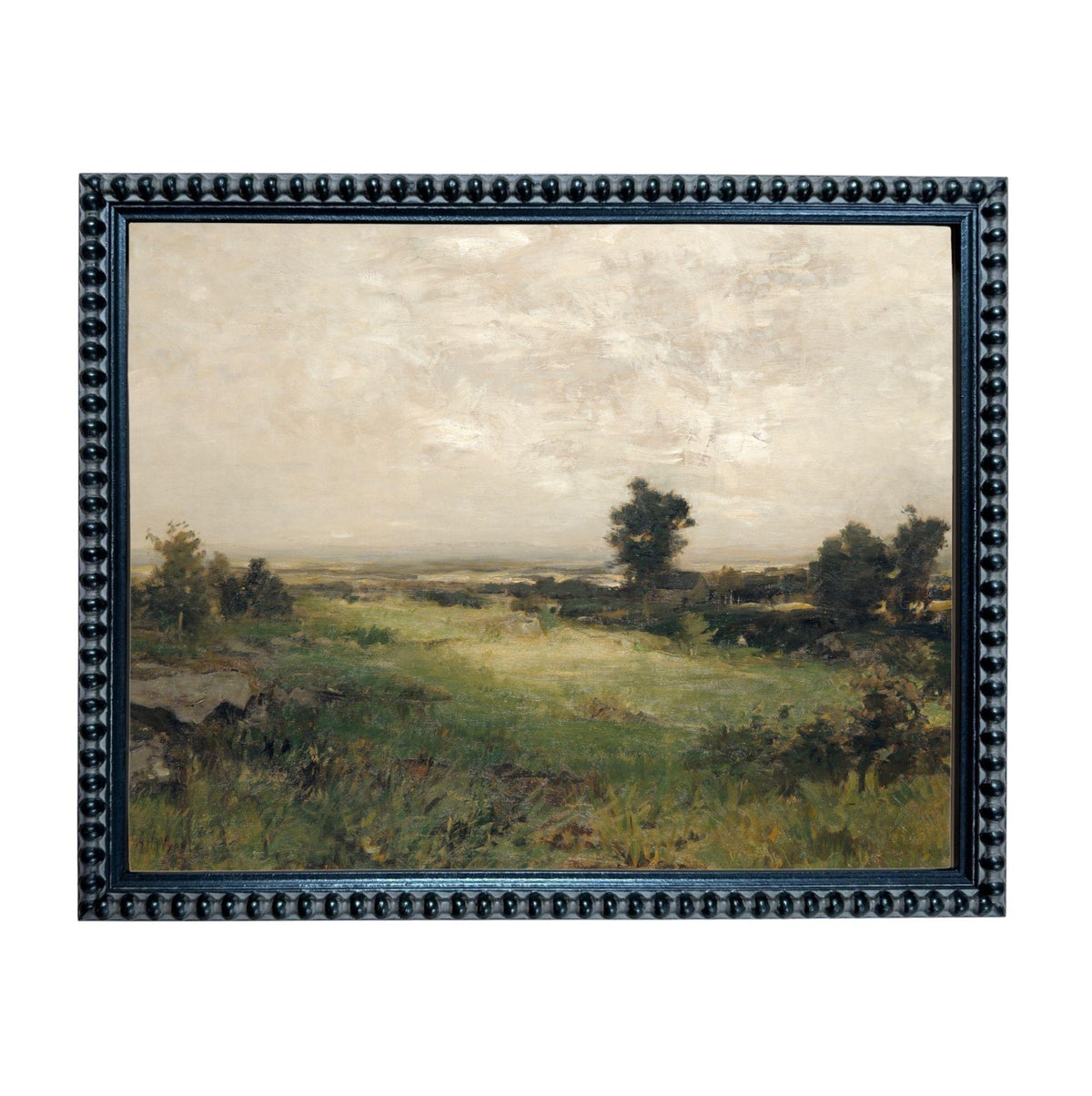 The image is a framed landscape painting depicting a serene countryside scene with rolling hills, trees, and a cloudy sky.