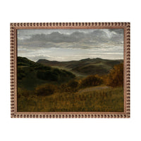 The image is a painting of a landscape with rolling hills, lush vegetation, and a cloudy sky.