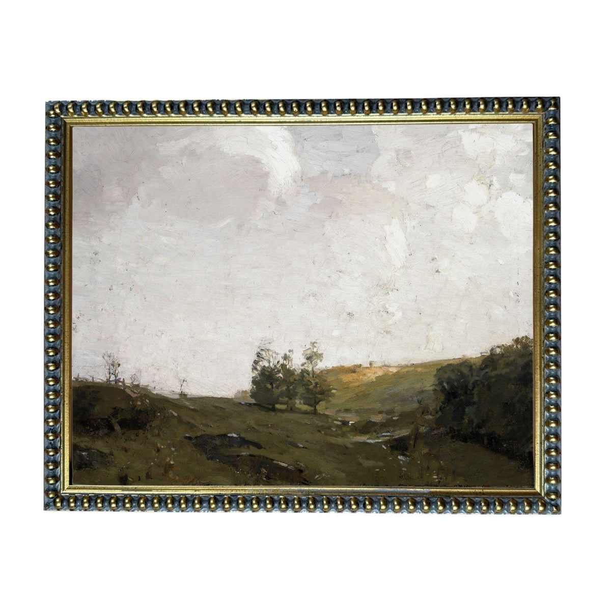 The image is a landscape painting depicting a serene countryside scene with rolling hills, trees, and a cloudy sky.