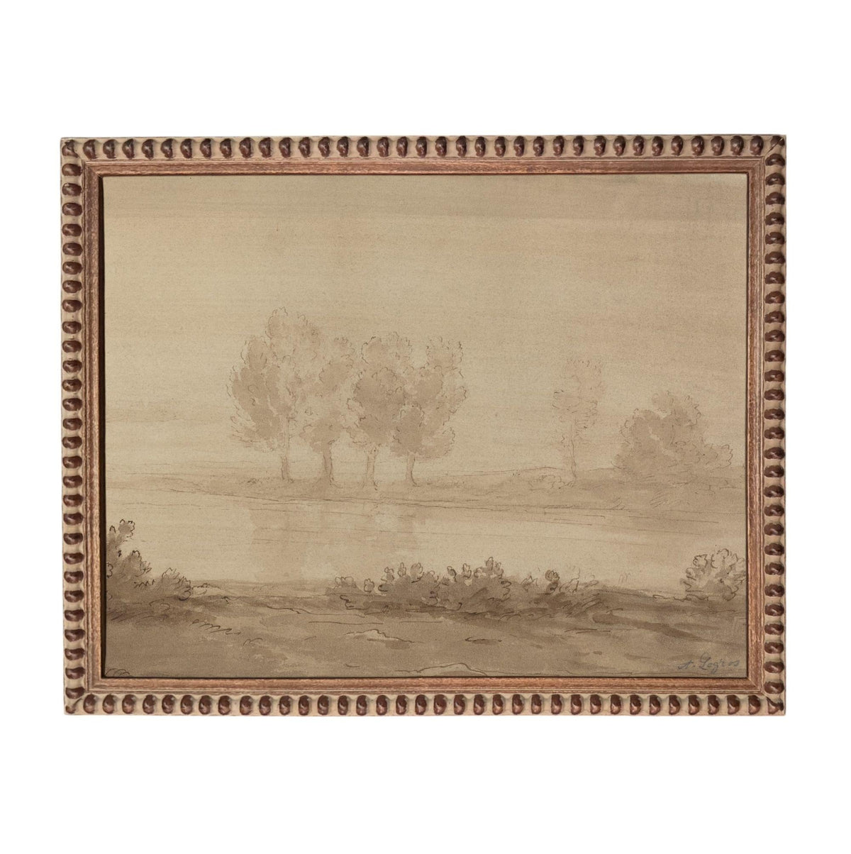 The image is a painting of a landscape with trees and a body of water.