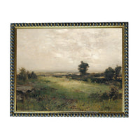 The image is a painting of a rural landscape with a field, trees, and a cloudy sky.