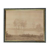The image is a painting of a landscape with trees and a body of water.