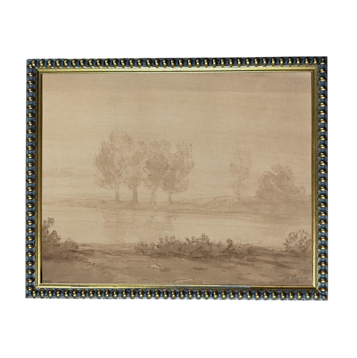 The image is a painting of a landscape with trees and a body of water.