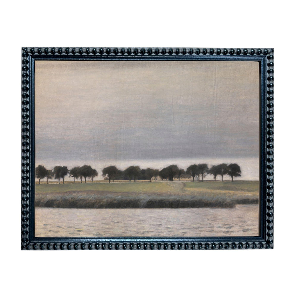 The image is a framed painting depicting a serene landscape with a body of water, trees, and a cloudy sky.