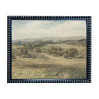 The image is a painting of a rural landscape with rolling hills, trees, and a winding path.