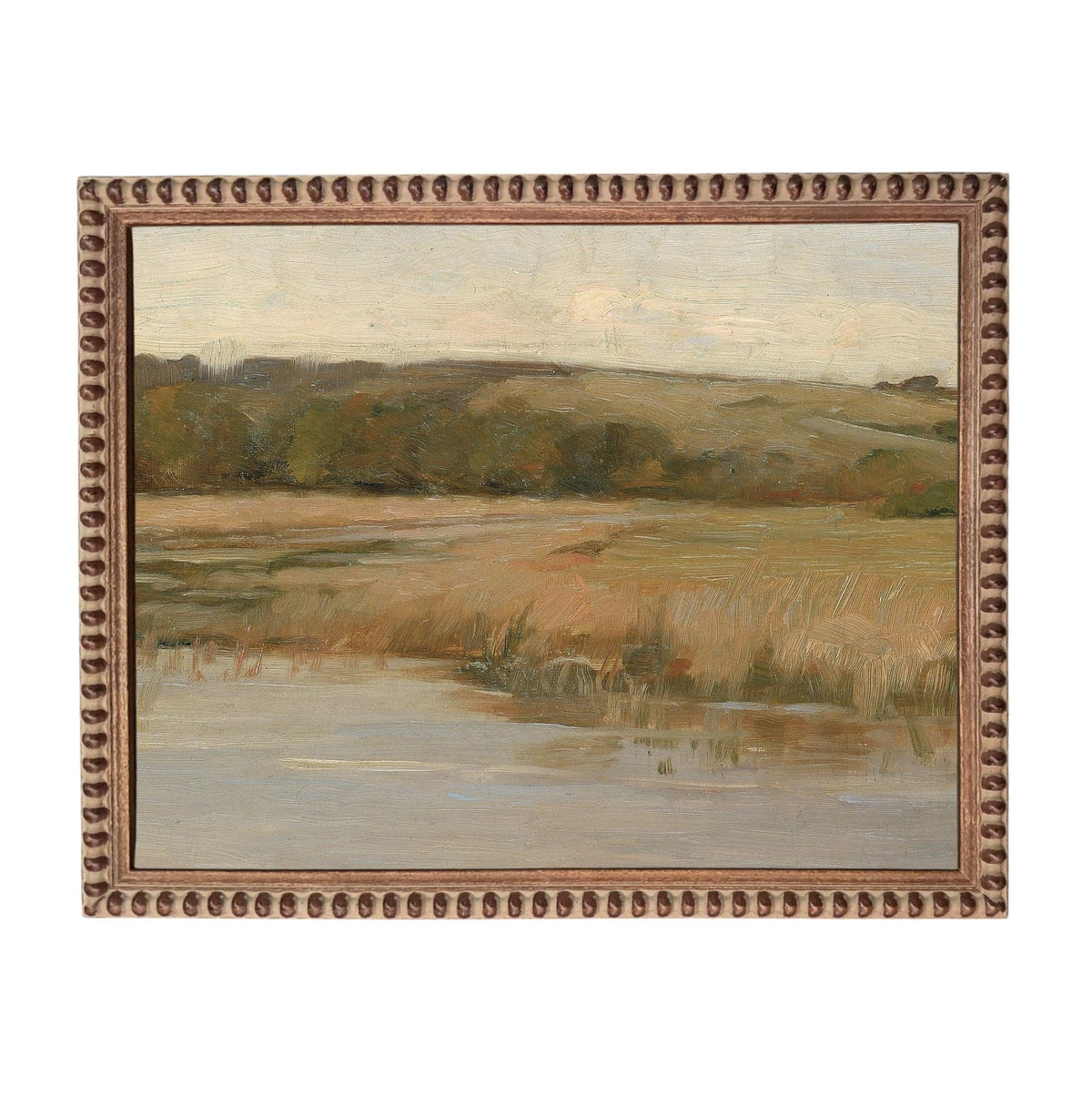 The image is an oil painting depicting a serene landscape with a body of water, trees, and rolling hills in the background.
