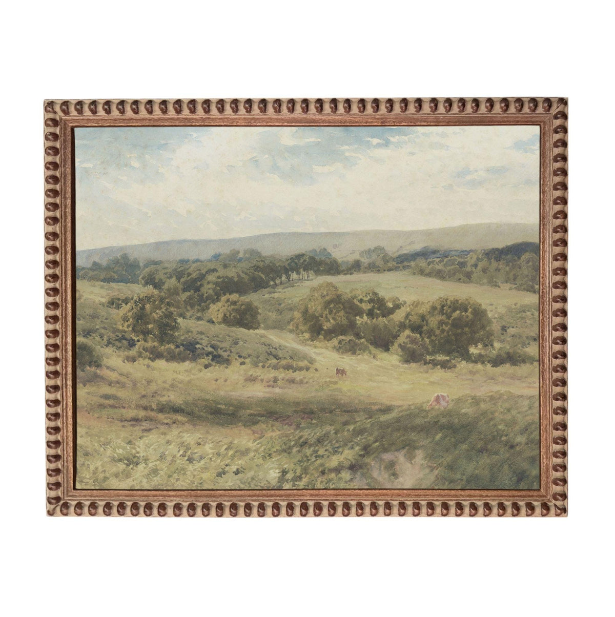 The image is a painting of a rural landscape with rolling hills, trees, and a winding path.