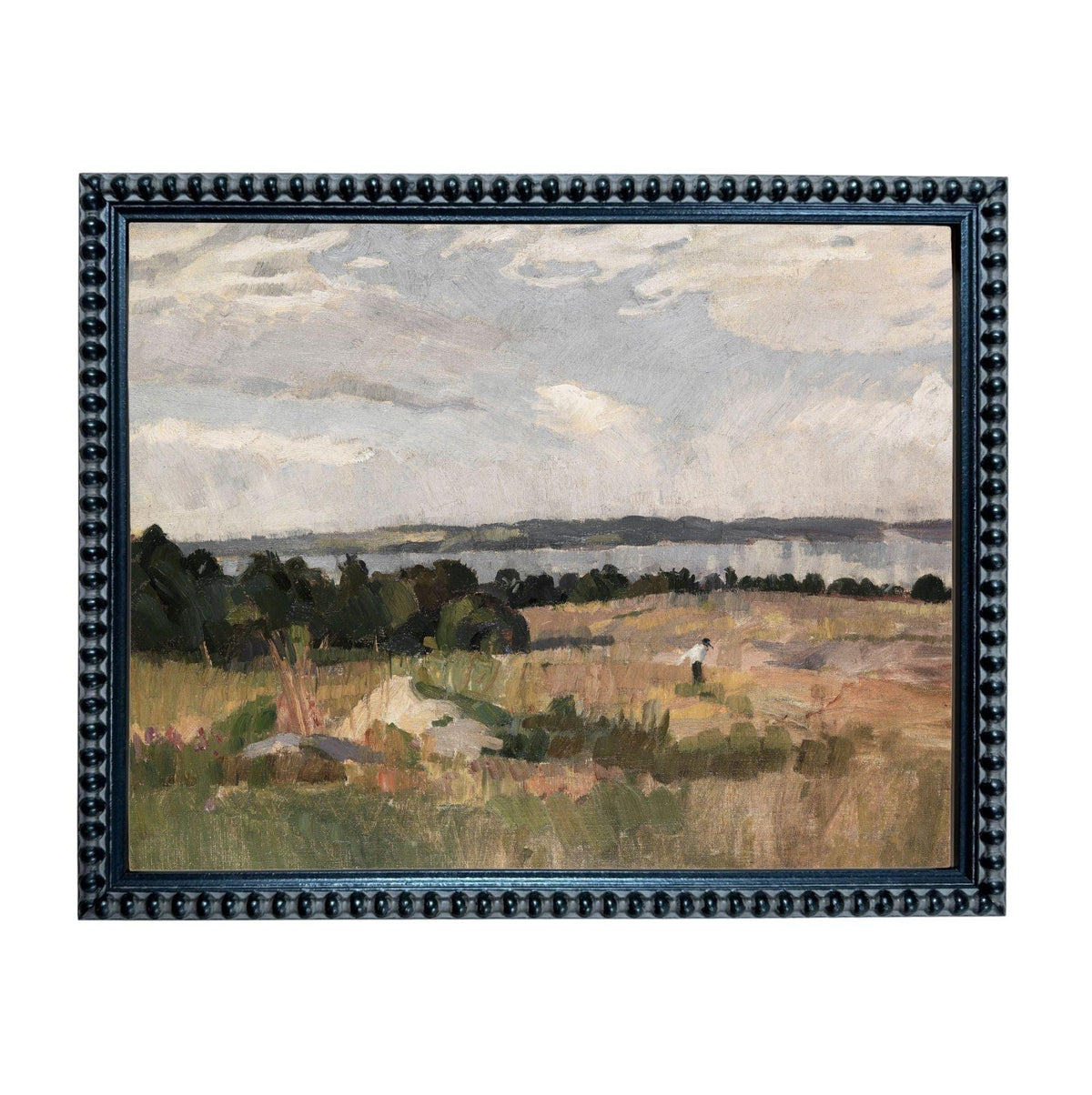 The image is a framed painting depicting a serene landscape with a field, trees, and a body of water in the distance.