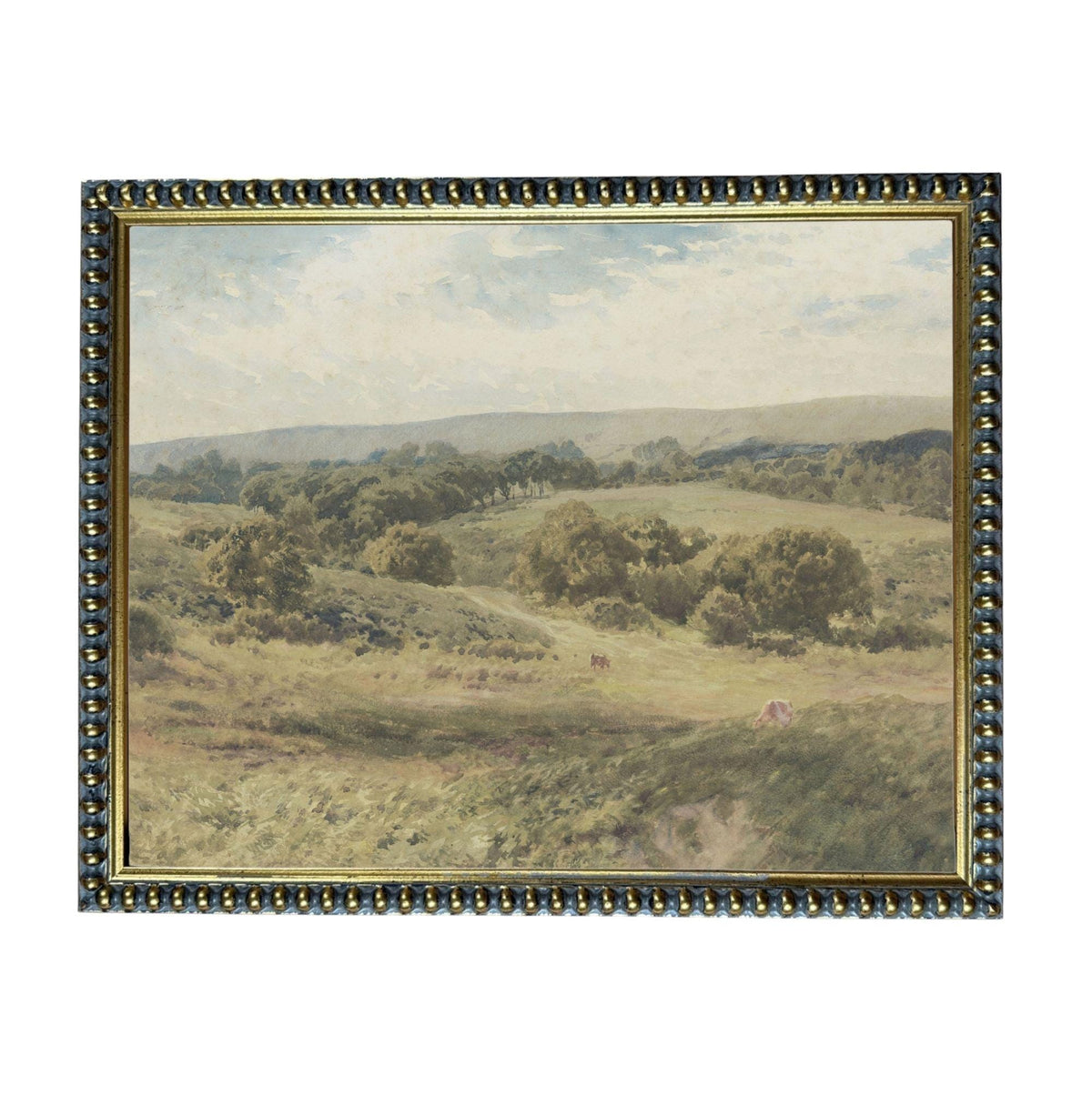 The image is a painting of a rural landscape with rolling hills, trees, and a winding path.