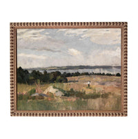 The image is an oil painting depicting a rural landscape with a person walking through a field of tall grass.