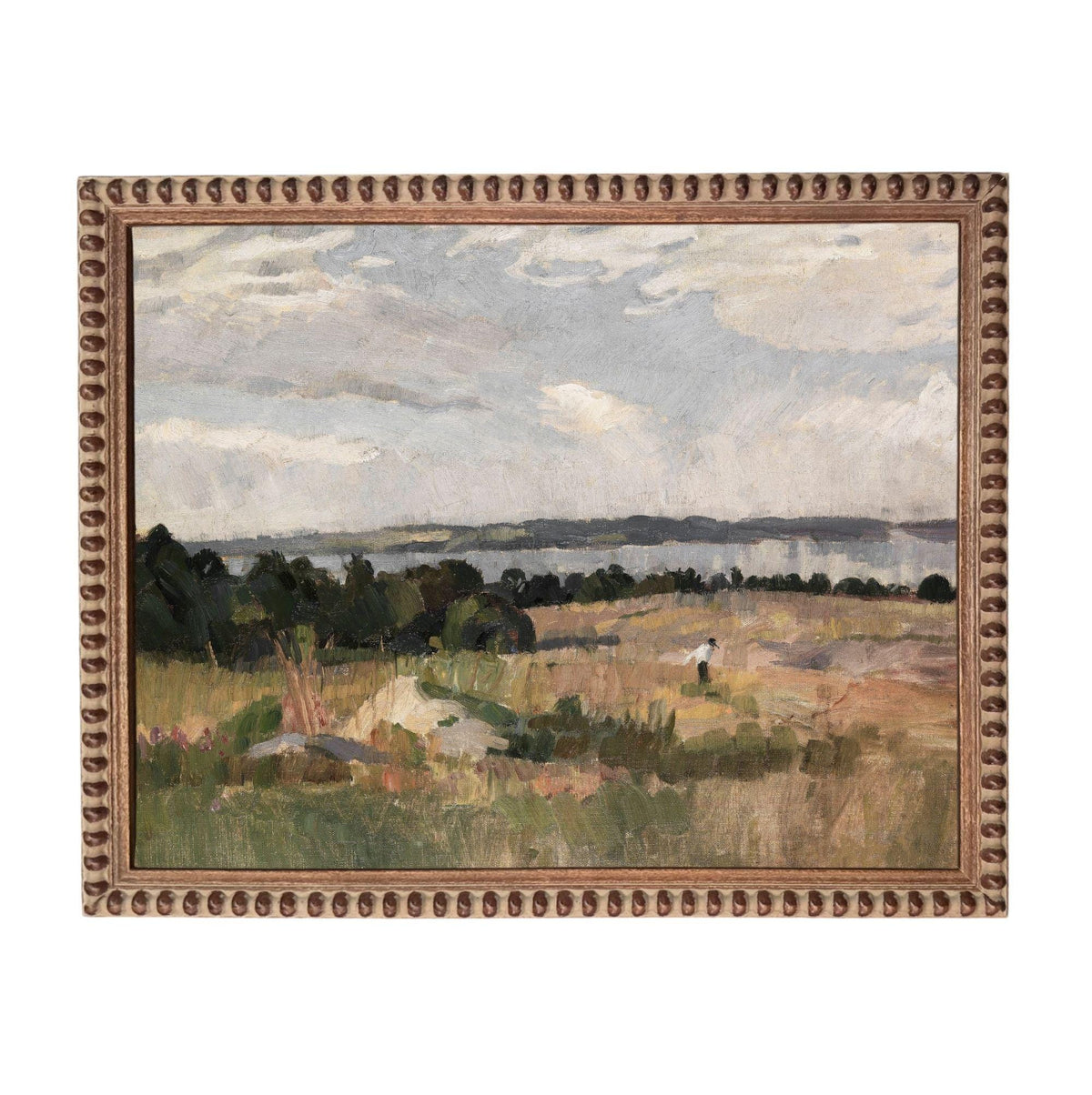 The image is an oil painting depicting a rural landscape with a person walking through a field of tall grass.