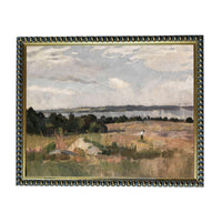 The image is an oil painting depicting a rural landscape with a field, trees, and a body of water in the distance.