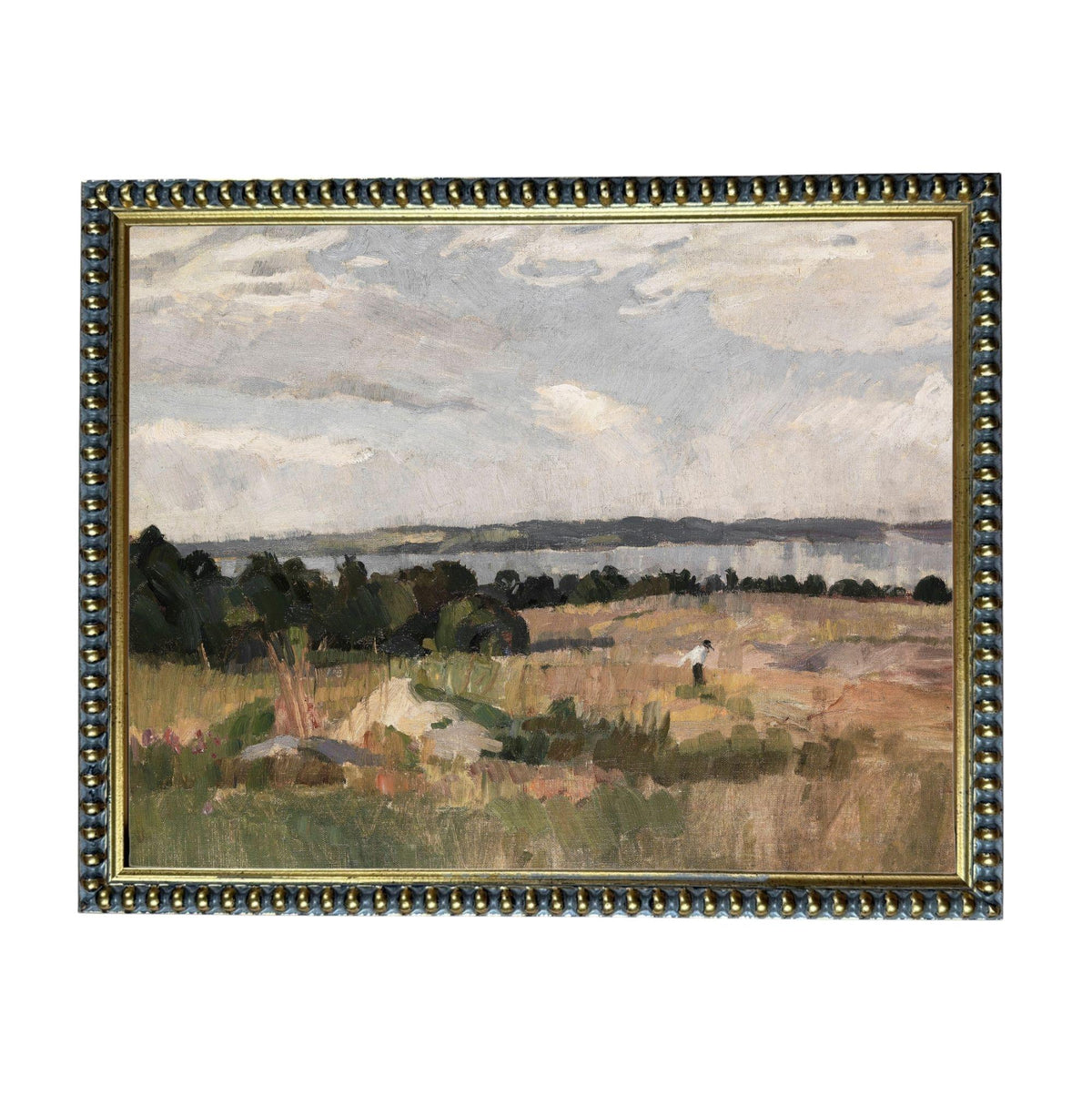 The image is an oil painting depicting a rural landscape with a field, trees, and a body of water in the distance.